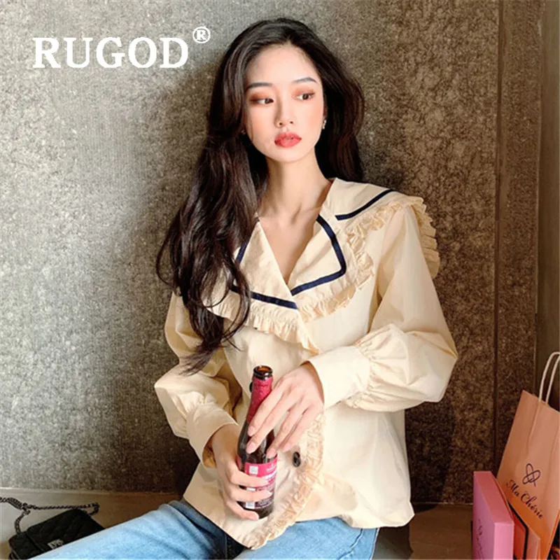 Женская двубортная рубашка RUGOD Элегантная блузка с длинным рукавом и темно-синим