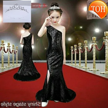 

black sequin dress age for 3-14 yrs teenage girls one-shoulder vintage noble graduation gowns evening party kids frocks