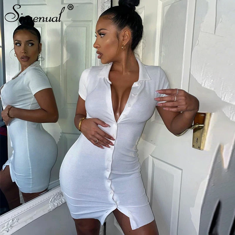 Simenual Ribbed Button Bodycon Mini Dress Women Short Sleeve Solid Fashion Skinny Clubwear 2020 Summer Dresses Casual Slim Basic Simenual Ribbed Button Bodycon Mini Dress Women Short Sleeve Solid Fashion Skinny Clubwear 2020 Summer Dresses Casual Slim Basic