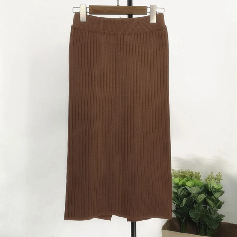 Khaki 63cm Женская Длинная трикотажная юбка осень зима женские плиссированные юбки миди макси тонкая облегающая юбка однотонная женская офисная одежда юбка - Цвет: Khaki 63cm