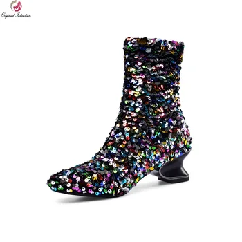 

Fashion Rainbow Color Women Ankle Boots Square Toe Boots Strange Style Boots Sequins Handmade Basic Ankle Boots Large Size 33-45