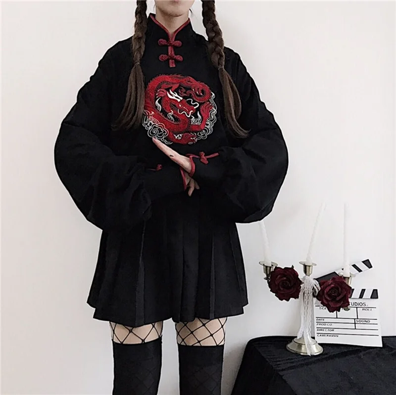 Японское кимоно стиль черный Harajuku Мори девушки дракон вышивка с длинным рукавом Cheongsam Толстовка для женщин каваи Qipao Топ FF2275