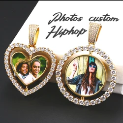 Double-Sided Custom Heart Pendant Necklace Men's Hip Hop Jewelry Iced Out Bling Zirconia Pendant Custom Photo Memory Medallions