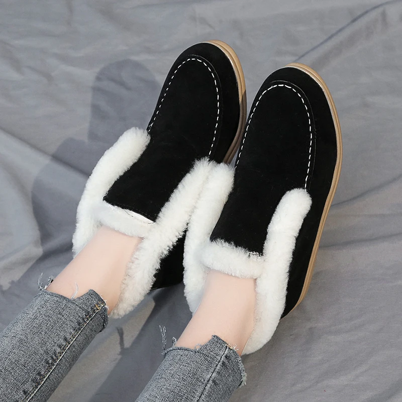 Fashin Ankle Boots For Women Suede-leather Boots Fur Shoes Warm Winter Slip-on Comfortable and Light Snow