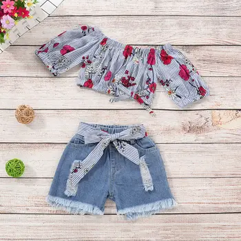 

2PCS Kids Baby Girl Clothes Off Shoulder Floral Stripe Bowknot Short Sleeve Crop Tops+Strappy Jeans Shorts Pants Outfit Sunsuit