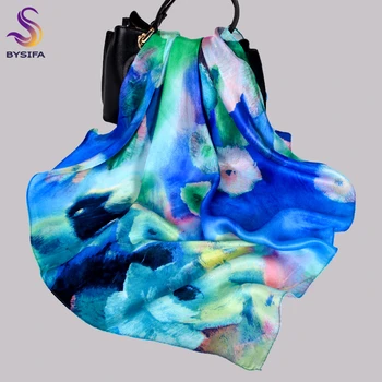 

BYSIFA|Blue Green Ladies Pure Silk Scarf Cape 2020 Autumn Winter Neck Scarves Headscarves 70*70cm Women Dandelion Square Scarf