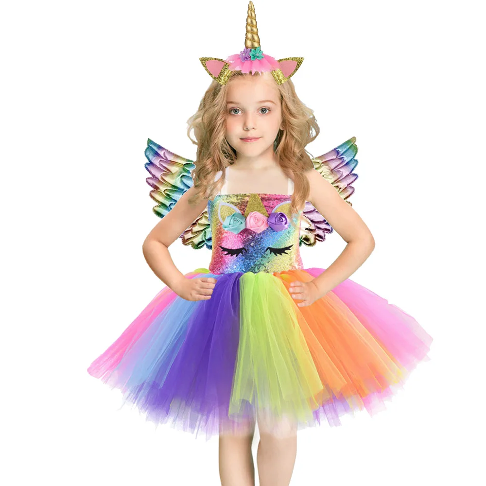 Unicorn Dress Sequins Girl Jumpsuit Ballet Dance Ball Princess Tutu Dress Birthday Party Gift Halloween Cosplay