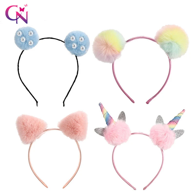 Cnかわいい無地パンダ耳女の子子供カラフルなふわふわポンポンボールカチューシャファッションヘアアクセサリー 女子ヘアアクセサリー Aliexpress
