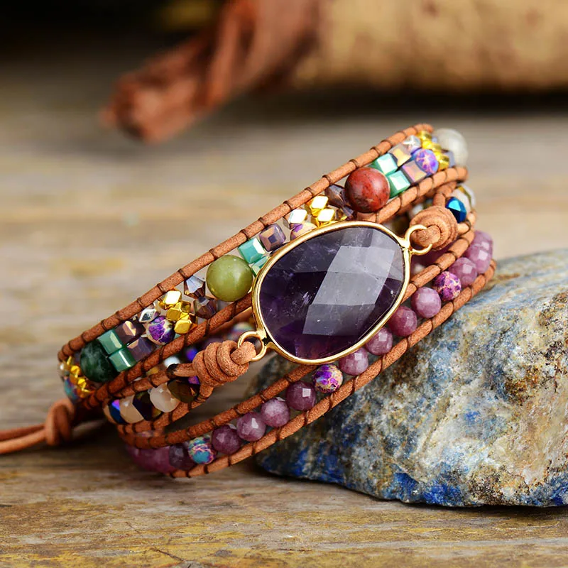 Leather Wrap Bracelets W/ Natural Stone Amethysts Crystals Beaded Triple Statement Art Bracelet Bohemian Jewelry Gifts