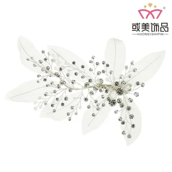 

NPASON J6193 2020 bridal accessories original silk cotton leaf hairpin white crystal pure hand woven headwear wholesale