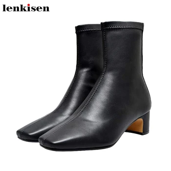 

Lenkisen vintage stretch fabric classic med heels square toe simple fashion zipper gentlewomen winter keep warm ankle boots L62