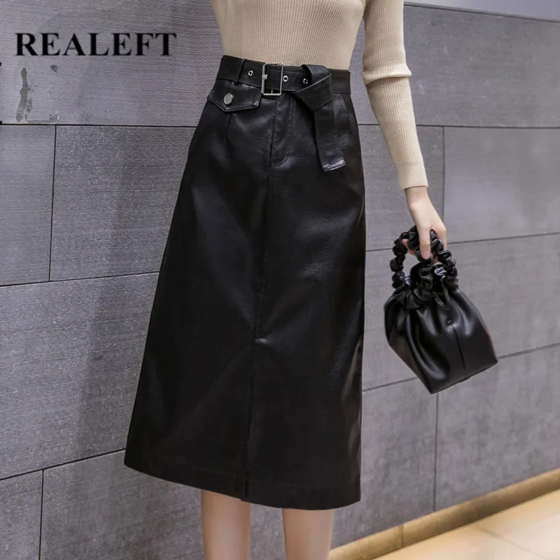 REALEFT New Midi PU Leather Skirts Fashionable Midi Skirt With Pocket Slash Bottom Split Women Casual Skirts Female