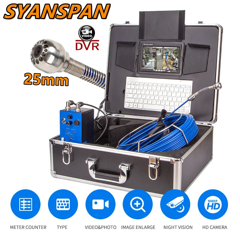 

9" Vedio + Redio SYANSPAN DVR 20-100M Cable 25mm Pipe Inspection Camera Drain Sewer Pipeline Industrial Endoscope Meter Counter