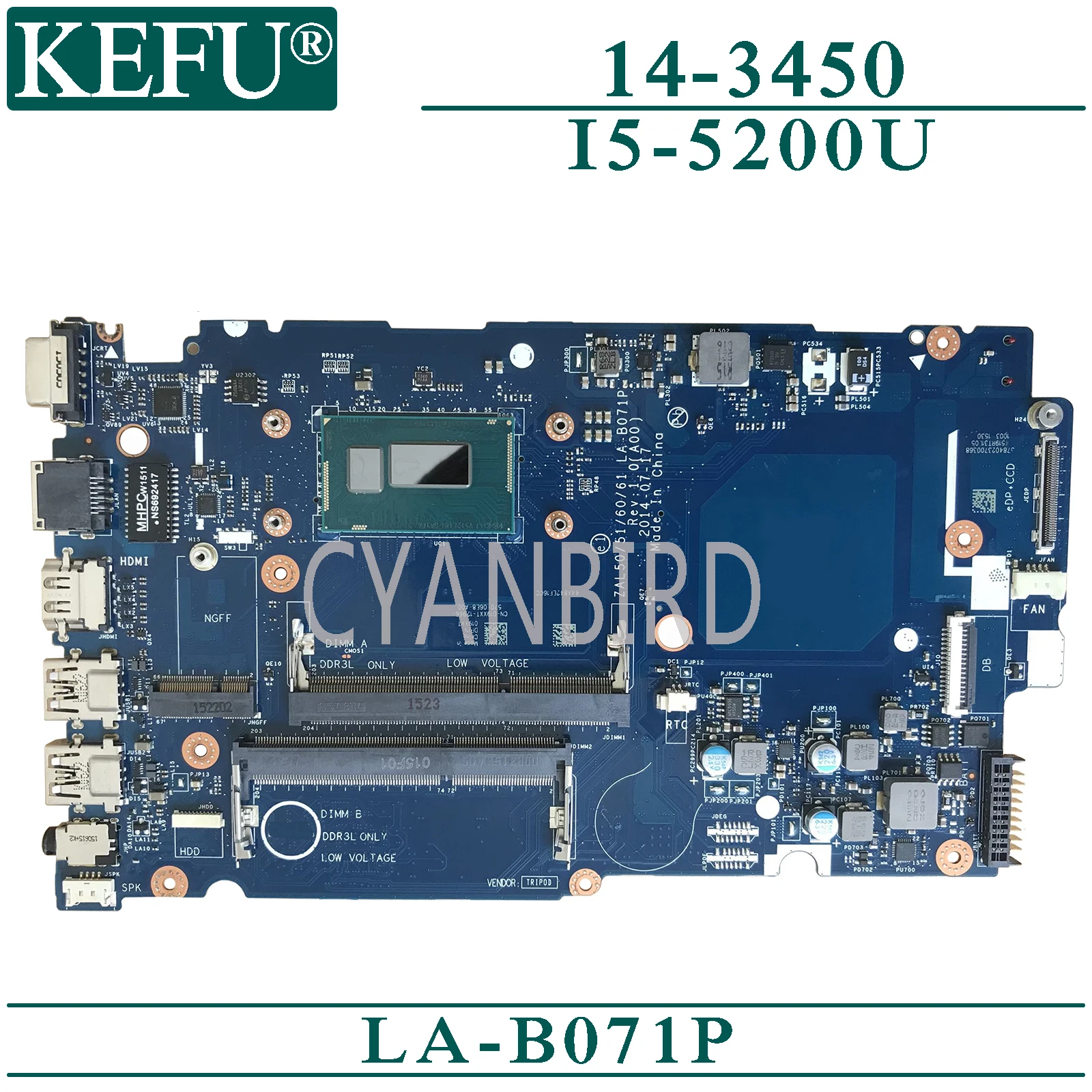 

KEFU LA-B071P original mainboard for Dell Latitude 14-3450 with I5-5200U Laptop motherboard