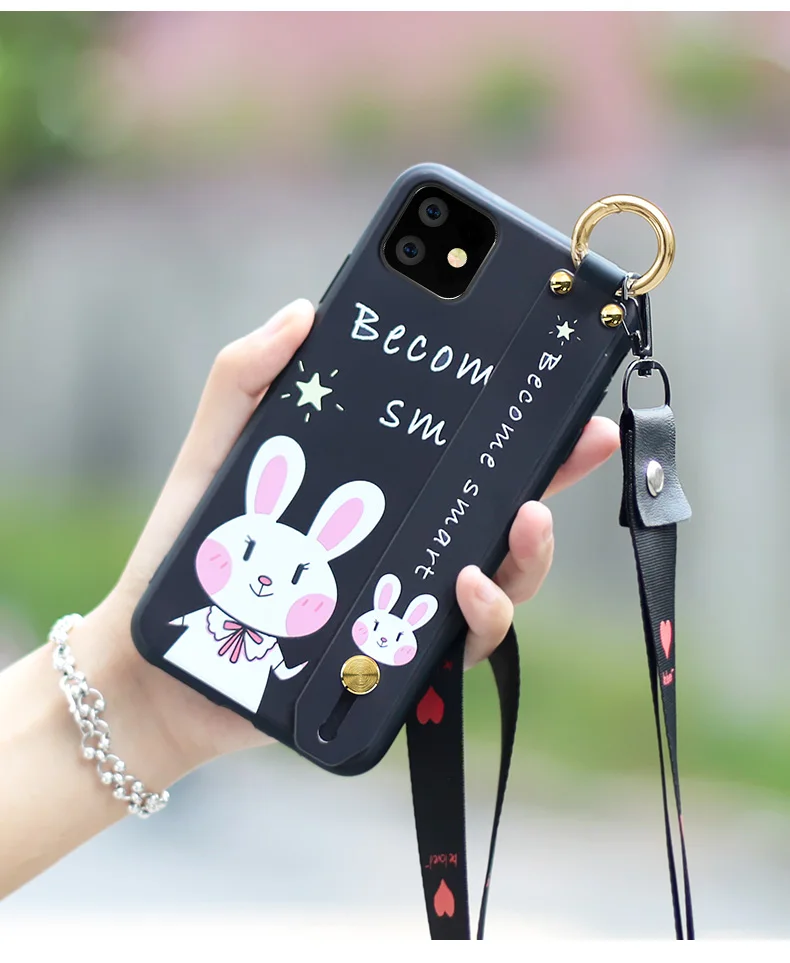 Для iphone 11 pro max милый поросенок ремешок на запястье чехол для телефона для iphone 11 pro мультфильм кошка силиконовый кролик задняя крышка+ ремень - Цвет: As shown in