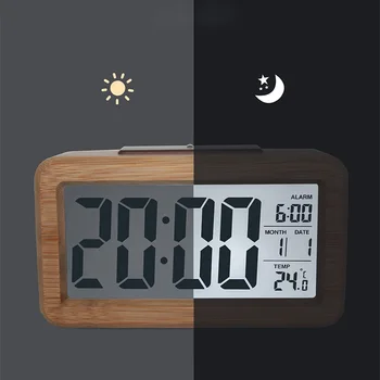 

HOT Led Alarm Clock,Wooden LED Digital Alarm Clock, Displays Time Date Week And Temperature, Cube Wood-shaped Sound Control