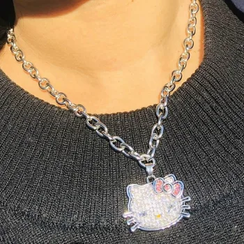 

Kpop Women Chain KT Cat Pendant Necklace Jewelry Stainless Steel Rhinestone Animal Pendant Chain Necklace Cat for Girl Gift