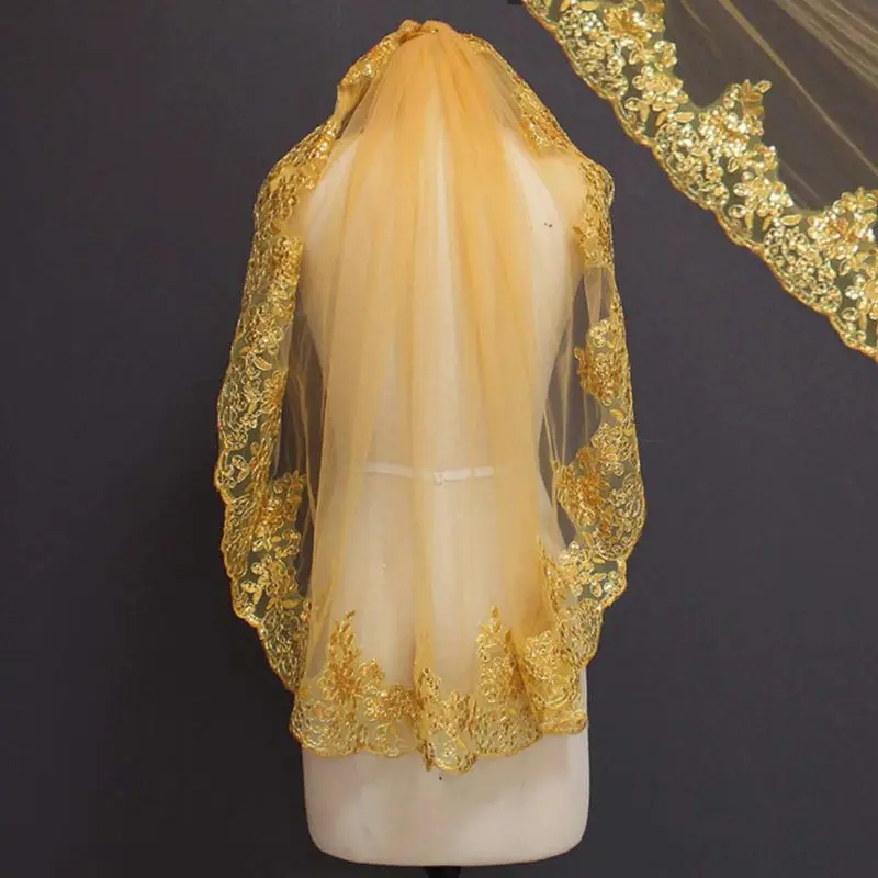 Для женщин мягкая сетка металлик золотые блестки вышитые кружева Винтаж Мантилья свадебная вуаль головное покрытие с расческой вечерний костюм E15E