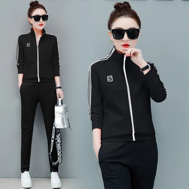 

women sport suit tracksuit stripe printed zip up jacket coat sweatshirt+pant casual jogger running workout outfit set sportswear