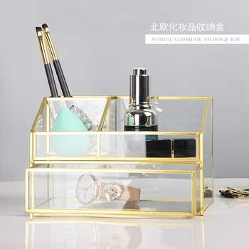 

Ins Nordic Golden Glass Cosmetics Storage Box Drawer Type Dressing Table Perfume Skin Care Product Finishing