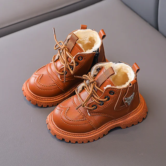 BJYL Kids Shoes for Girl Martin Boots Baby Boys Shoes Children Fashion Booties Leather Soft Bottom Non-slip Toddler Girls Boots Brown (with plush)