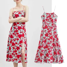 

Elmsk 2021 Summer England Dress Vestidos Style Vintage Floral Printing Spaghetti Strapless Holiday Midi Party Dress Women