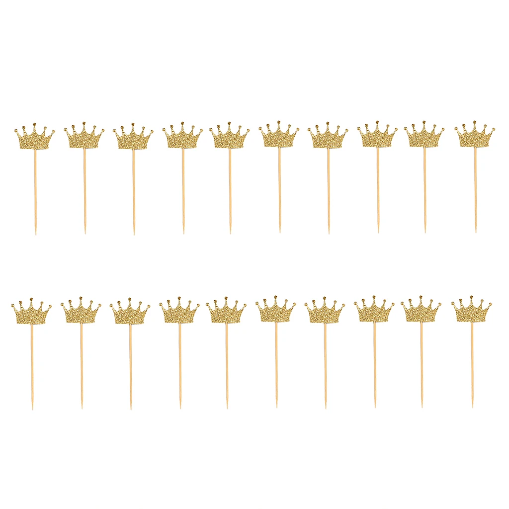 Lot of 20pcs Gold Glitter Crown Wood Stick Cake Topper Wedding Engagement Wedding Cake Birthday Cake Decor Party Supplies