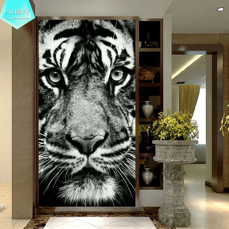 

PSHINY 5D DIY Diamond embroidery Black-and-white tiger picture Full mosaic square rhinestone animal diamond painting cross stich