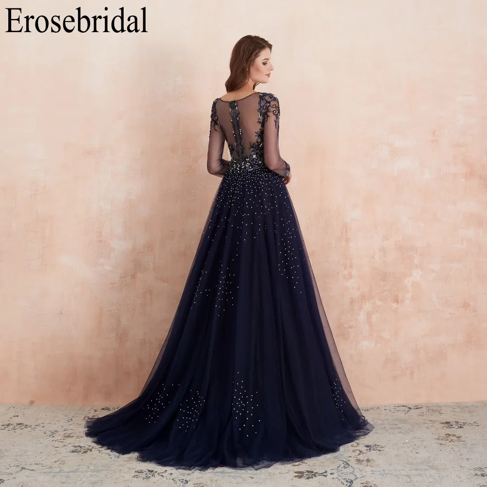 Erosebridal, вечернее платье с длинным рукавом,, элегантные вечерние платья, роскошное, украшенное бисером, с вырезом, с лифом, дизайнерское платье, вечерние платья
