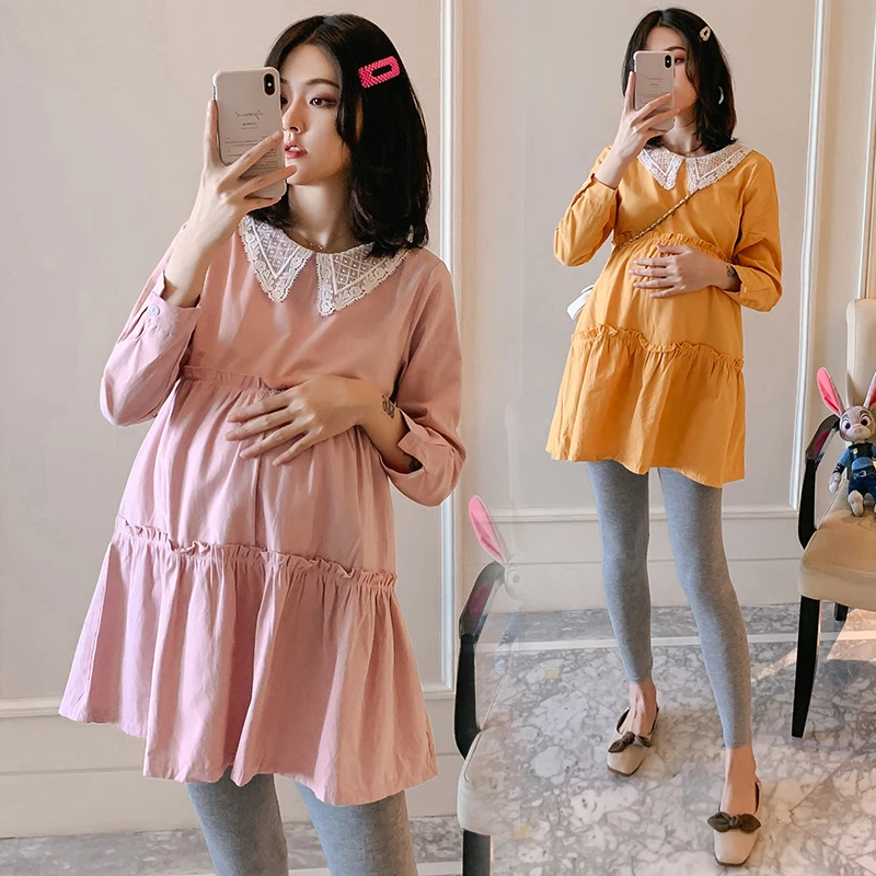 

1881# 2019 Autumn Korean Fashion Patchwork Cotton Maternity Shirt Ties Waist Slim Sweet Clothes for Pregnant Women Pregnancy Top