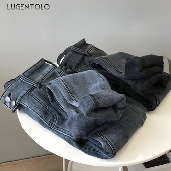 

Lugentolo Women Jeans Slim Winter Korean Velvet Warm Pencil Pants Solid Button Zipper Ankle-length Casual Lady Fashion Jeans