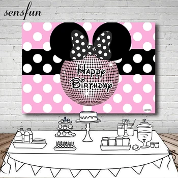 

Sensfun Pink Minnie Mouse Photography Background Black White Dots Flash Ball Girls Retro Dance Birthday Party Backdrop Photozone