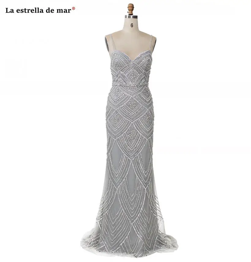 Robe de soiree2019 Кристалл Спагетти StrapV шеи Серебро Шампанское слоновой кости сексуальные Русалка Вечерние платья длинное роскошное бальное платье - Цвет: Silver