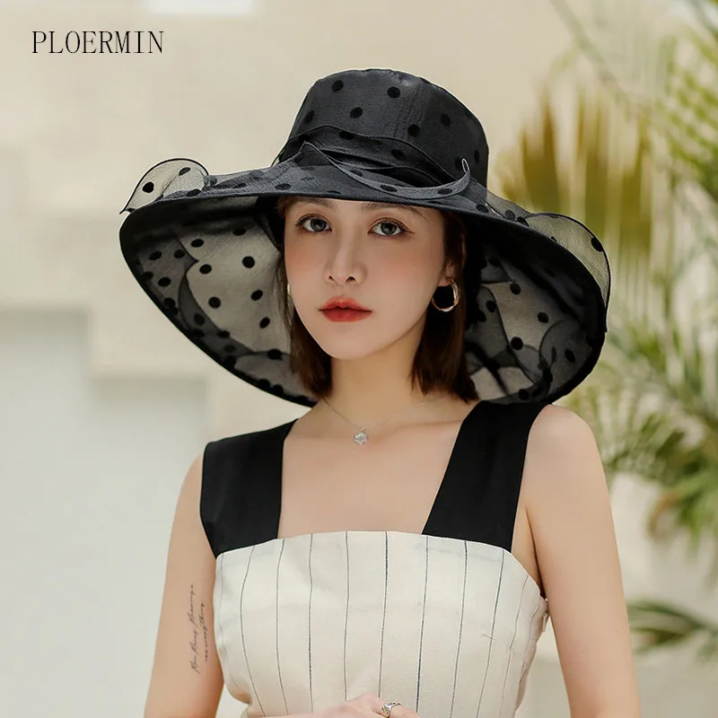 2021 New Ladies Elegant Flower Church Hats Summer Large Wide Brim Fedora Hat For Women Organza Hat Beach Sun Kentucky Derby Hat 1