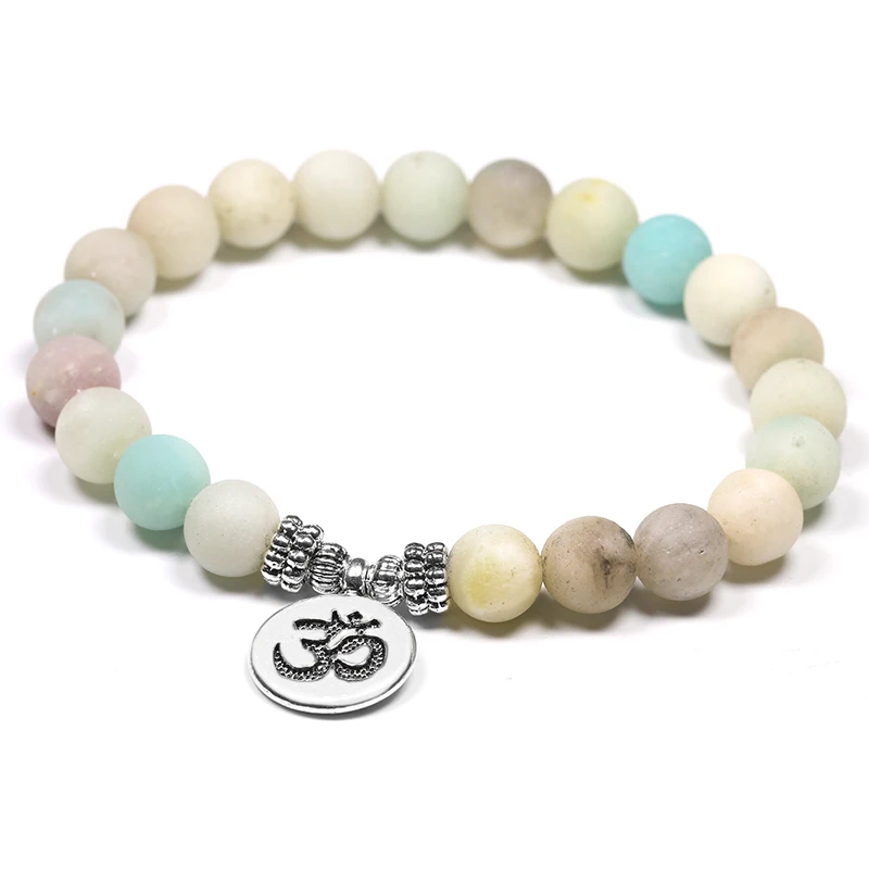 Natural Stone Yoga Bracelets 8mm Matte Amazonite Beads Bracelet With Lotus OM Buddha Charm Meditation Healing
