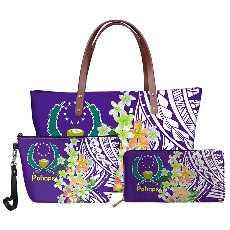 wallets for women Pohnpei Handbag Set Tribal Flower Hibiscus Women Shoulder Bag Leather Purse Casual Zipper Ladies Crossbody Bags for Teen Girls women's bags big Totes