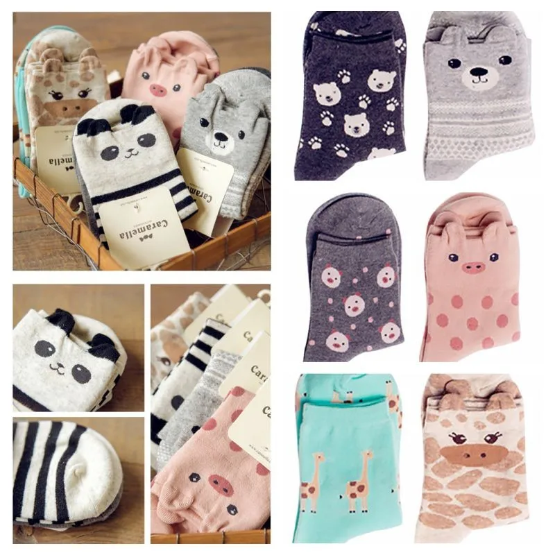 Новинка длинные хлопковые носки Kawaii с животными милые японские 2 пары Женские Носки с рисунком панды свиньи медведя жирафа