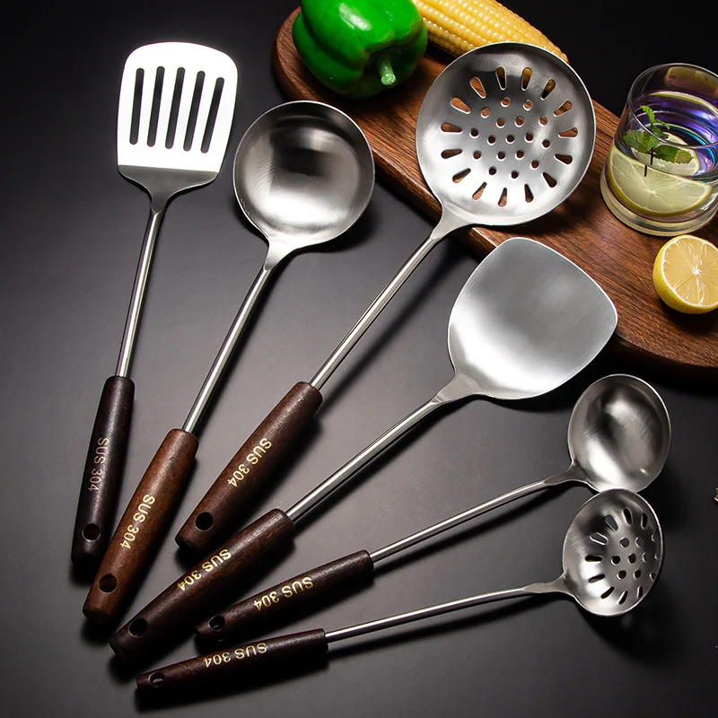 Stainless Steel Spatula Kitchenware Sets Anti-Scalding Wooden Handle Soup Spoon Colander Frying Shovel Kitchen Cooking Utensils