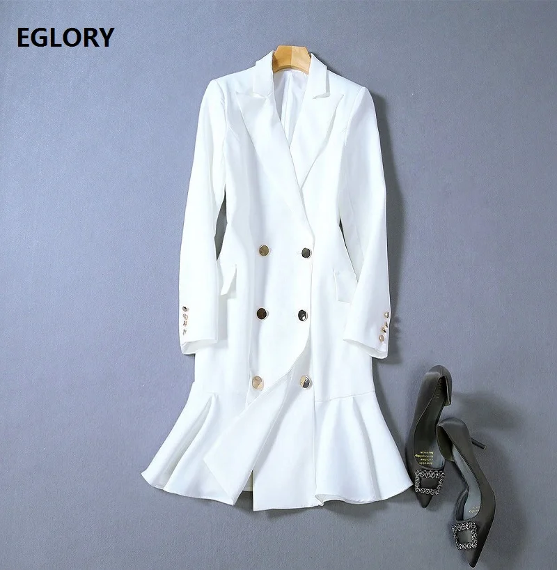 

High Quality Long Blazer Dress 2019 Autumn Style Women Notched Collar Golden Buttons Up Long Sleeve Sexy Party Mermaid Dress OL