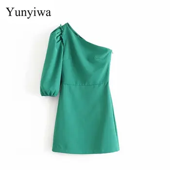 

2020 Women Fashion Sexy One Shoulder Green Asymmetrical Mini Dress Female Pleats Vestidos Casual Slim High Street Dresses
