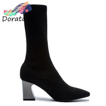 

DORATASIA Female Sexy Pointed Toe Sock Boots Autumn Mid Calf Boots Women Brand Comfy Designer High Heels Shoes Woman