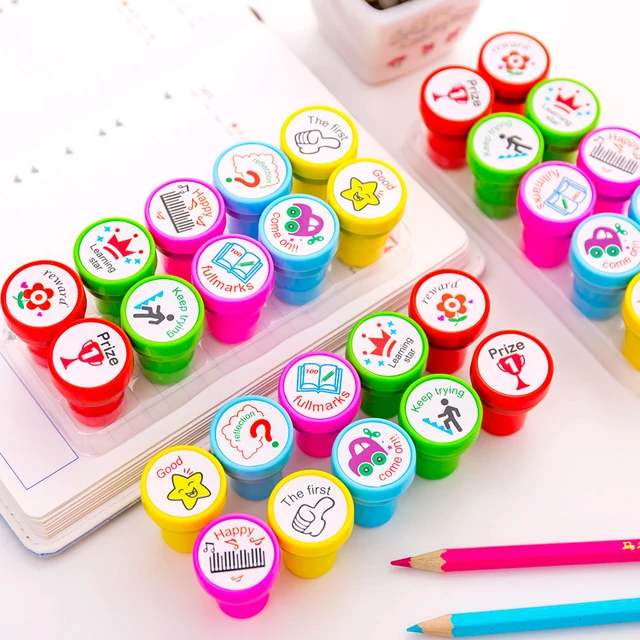 6pcs/set Cute Cartoon Kids Stamp Set Teachers Self Inking Praise Reward  Stamps Motivation Sticker School