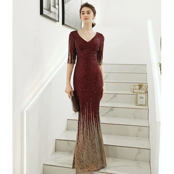 

AE799 New Style Evening Dress 2020 Half Sleeve Elegant Little Mermaid Wine Red Long Formal Party Gowns Robe De Soiree