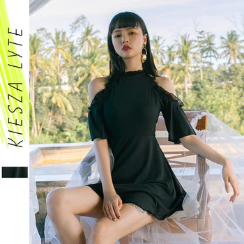 

Women swimsuit female black conservative student one-piece dress off the shoulder slim fashionable girl's bathing suit