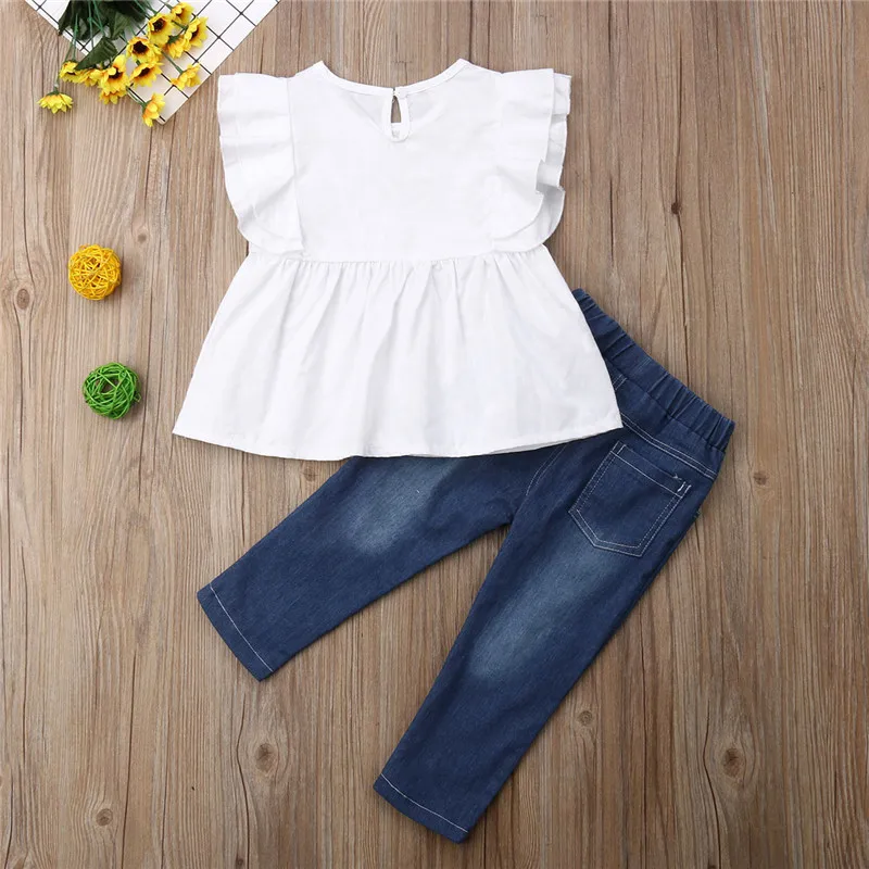 Kids Girl Clothes Sets Ruffle Sleeveless Top Dress Pearl Denim Pants
