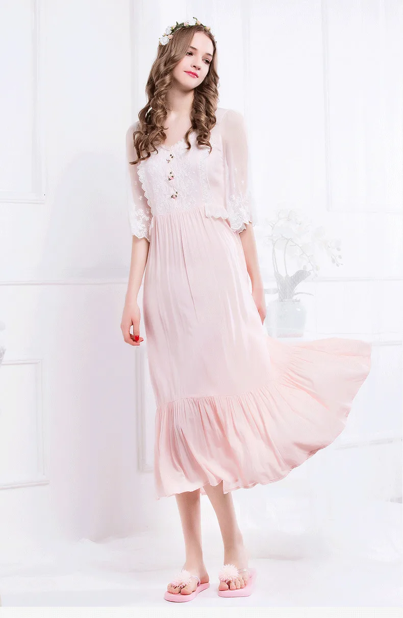 Элегантное розовое длинное домашнее платье Женская кружевная Вышивка Половина рукава Ночная рубашка женская с v-образным вырезом пижамы