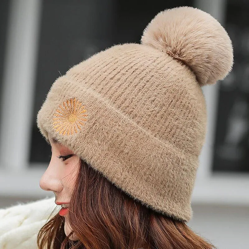 Шапка бини женская зимняя Осенняя мягкая шапка Skullies Beanies шапка с вышивкой вязаные кроличьи волосы модные женские шлепки теплые шапки