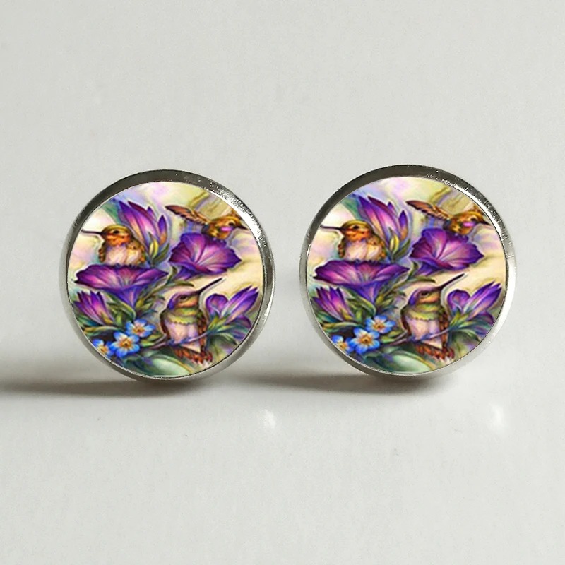 Fashion Stud Earrings hummingbird picture convex round glass earrings beautiful ear jewelry handmade custom | Украшения и
