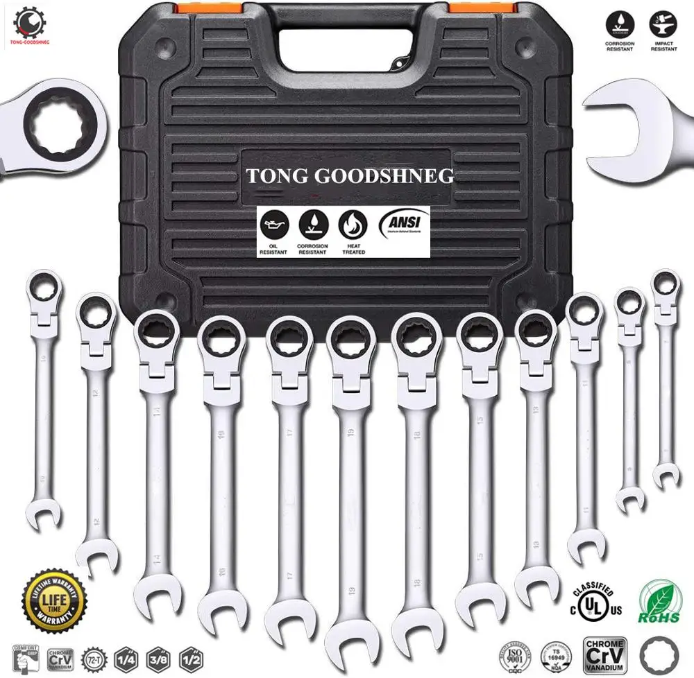 

12Pcs Metric Flex-Head Ratcheting Wrench Set,8-19MM,Chrome Vanadium Steel Combination Wrench Set Car and motorcycle repair Tool