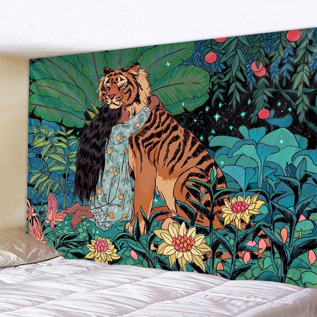 Tapiz misterioso de animales de la selva, personajes de León, Tigre,  leopardo, arte, mandala, boho, hippie, psicodélico, decoración del hogar -  AliExpress